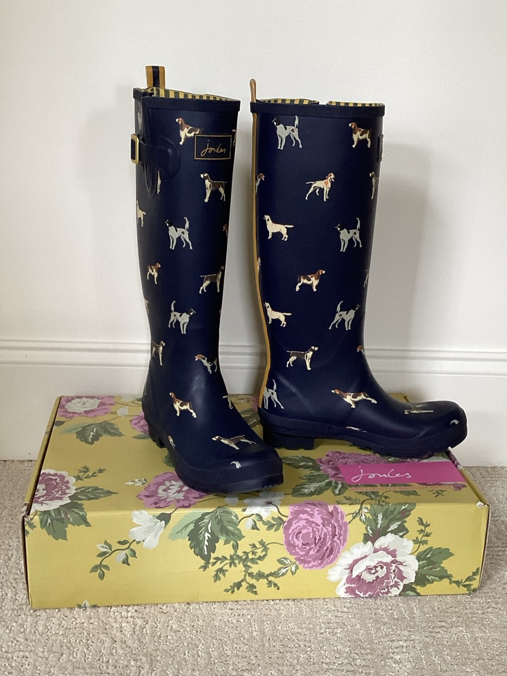 Joules Navy Tall Rain Boots with Dog Print